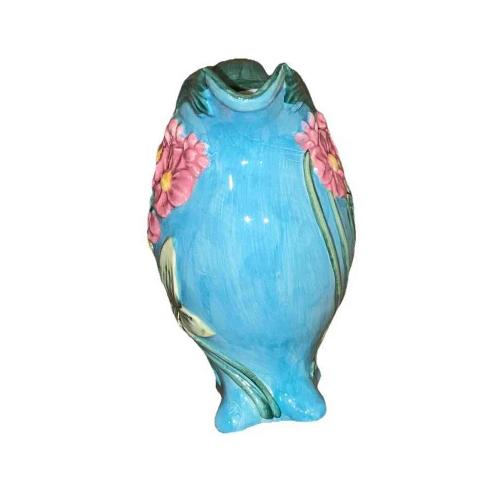 Pottery Pitcher Ewer Vase‎ Pastel Blue Pink Majolica Floral Flowers 9.5